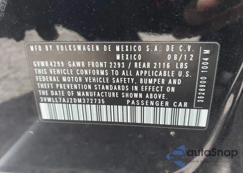 2013 Volkswagen Jetta 2.0L Tdi z USA, uszkodzony, nr VIN 3VWLL7AJ2DM372735